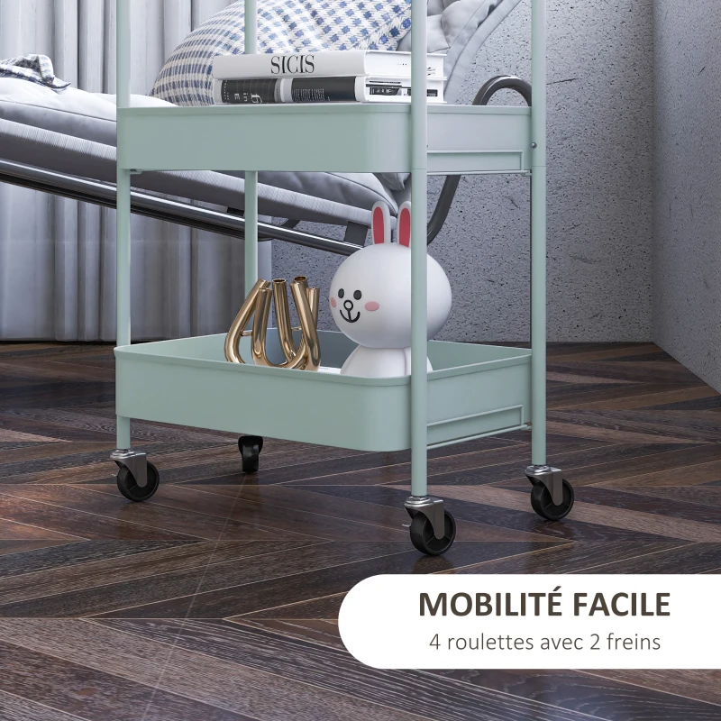 HOMCOM Desserte chariot de rangement en acier chariot de service à roulettes 3 plateaux ajourés 45 x 30,6 x 79 cm bleu clair