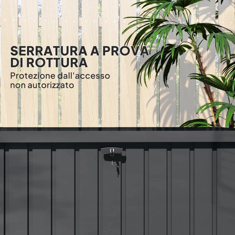 Outsunny Baule da Esterno da 400L in Acciaio Zincato con Serratura e 2 Chiavi 124x66x72 cm, Grigio Scuro