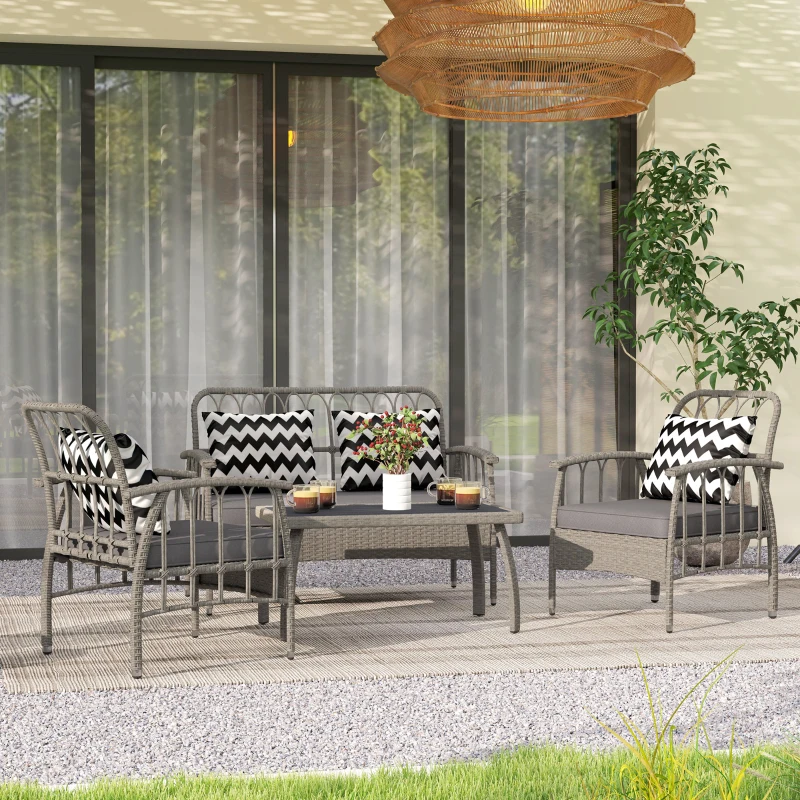 Outsunny Four-Piece Rattan Cut-Out Sofa Set - Grey