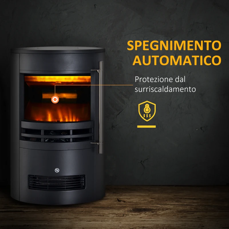 HOMCOM Camino Elettrico da Terra 900W/2000W con Effetto Fiamma, Caminetto Elettrico con Temperatura Regolabile e Protezione da Surriscaldamento, 41x41x64.5cm, Nero