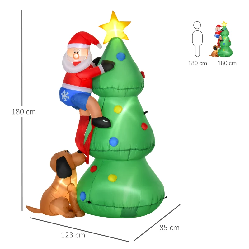 HOMCOM Albero di Natale Gonfiabile 180cm con Babbo Natale, Cagnolino e Luci LED, Decorazione Natalizia da Esterno