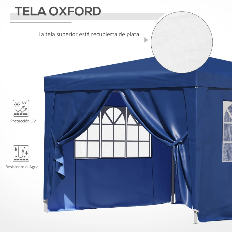 Outsunny Carpa Gazebo con Paredes Desmontables Ventanas Visibles Puerta con Cremallera Incluye Bolsa de Transporte Cuerdas y Piquetas 3x3 m Azul