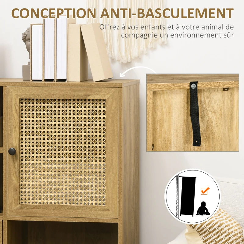 HOMCOM Buffet meuble de rangement armoire haut aspect bois et cannage design 2 portes - dim. 90L x 32,5l x 120H cm