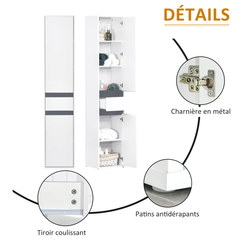 HOMCOM Meuble Colonne Rangement Salle de Bain Style Contemporain 2 placards 3 étagères et tiroir Coulissant Panneaux Particules Blanc