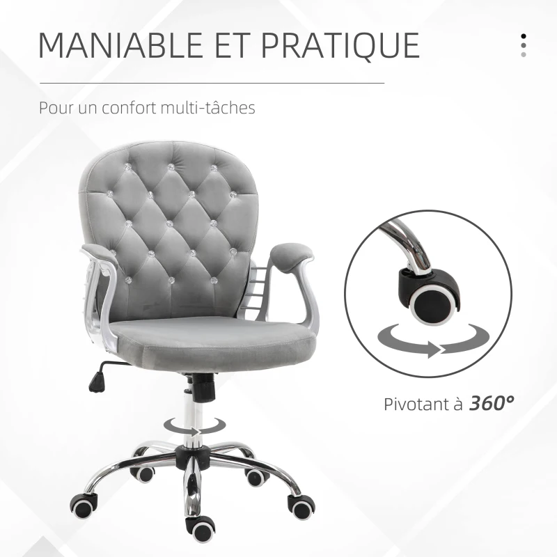 HOMCOM Fauteuil chaise de bureau style contemporain hauteur réglable roulettes pivotant velours 60 x 61 x 95-105 cm gris