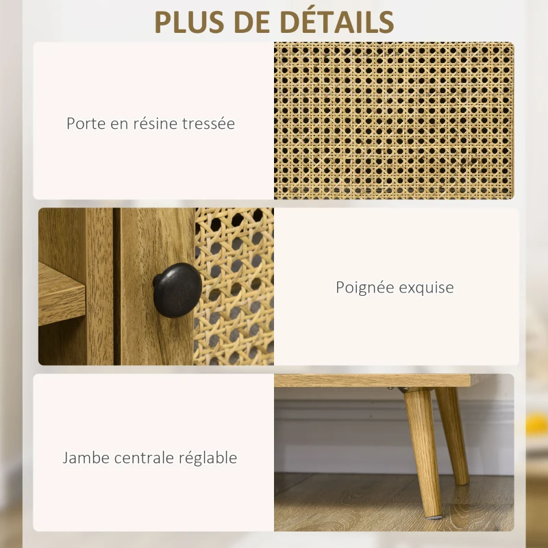 HOMCOM Buffet meuble de rangement armoire haut aspect bois et cannage design 2 portes - dim. 90L x 32,5l x 120H cm
