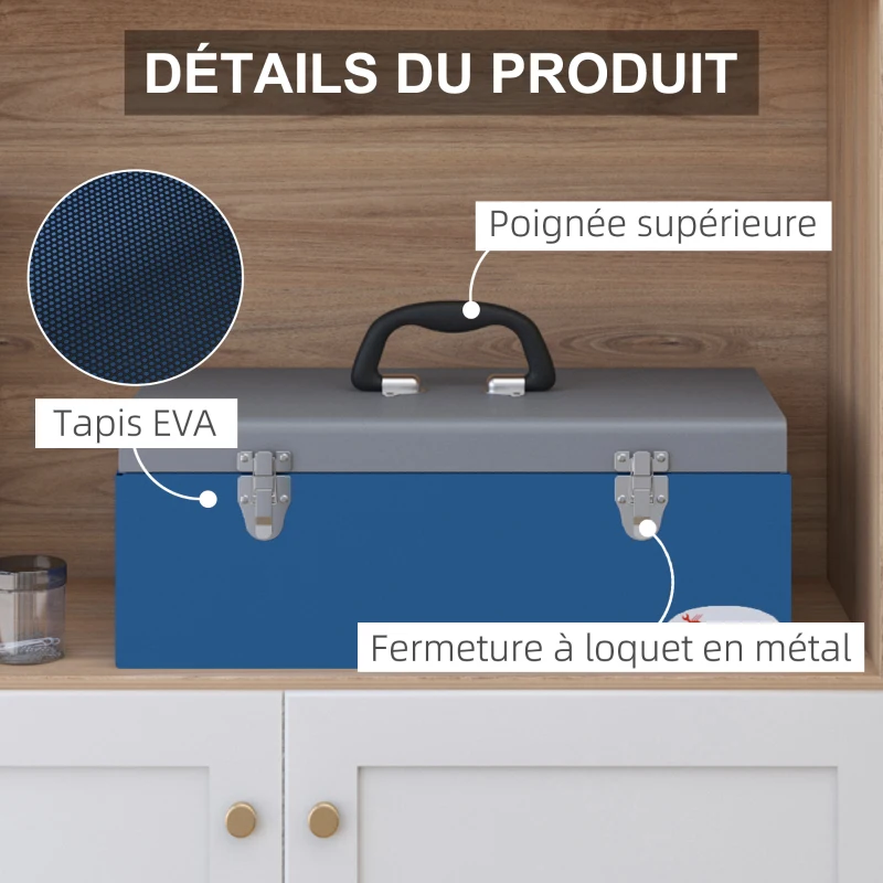 DURHAND Caisse boite à outils en métal transportable avec 3 poignées, 2 loquets, dim. 50L x 26l x 18,5H cm, bleu