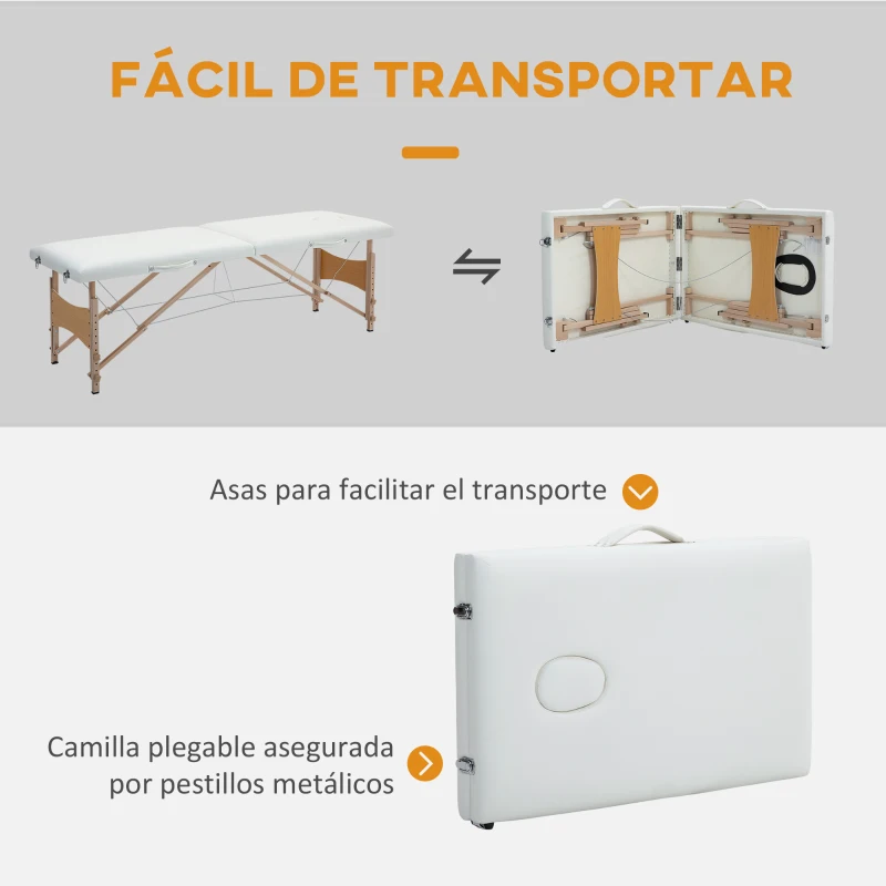 HOMCOM Camilla de Masaje Plegable con Marco de Madera con Altura Regulable y Bolsa de Transporte 186x60x58-81 cm Crema