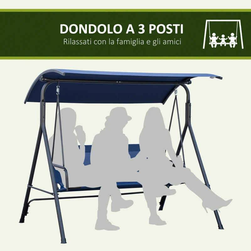 Outsunny Dondolo da Giardino 3 Posti con Tettuccio Regolabile, Tessuto Oxford e Acciaio, Blu Scuro