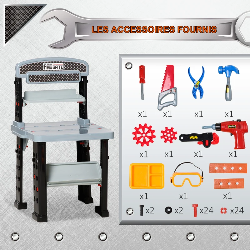 HOMCOM Etabli et Outils pour Enfant - Jeu d'imitation Bricolage - Nombreux Accessoires Plus de 79 pièces & Outils variés - PP Noir Gris