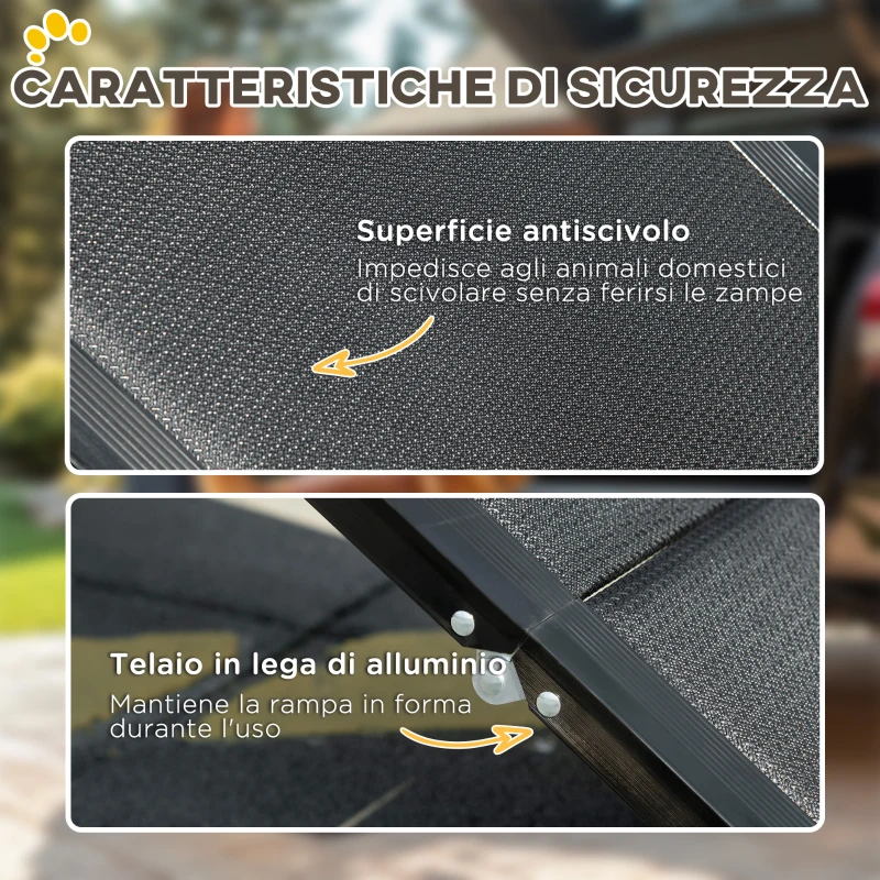 PawHut Rampa per Cani Pieghevole con Superficie Antiscivolo in MDF e Alluminio, 158x43.5x2.5 cm, Nero