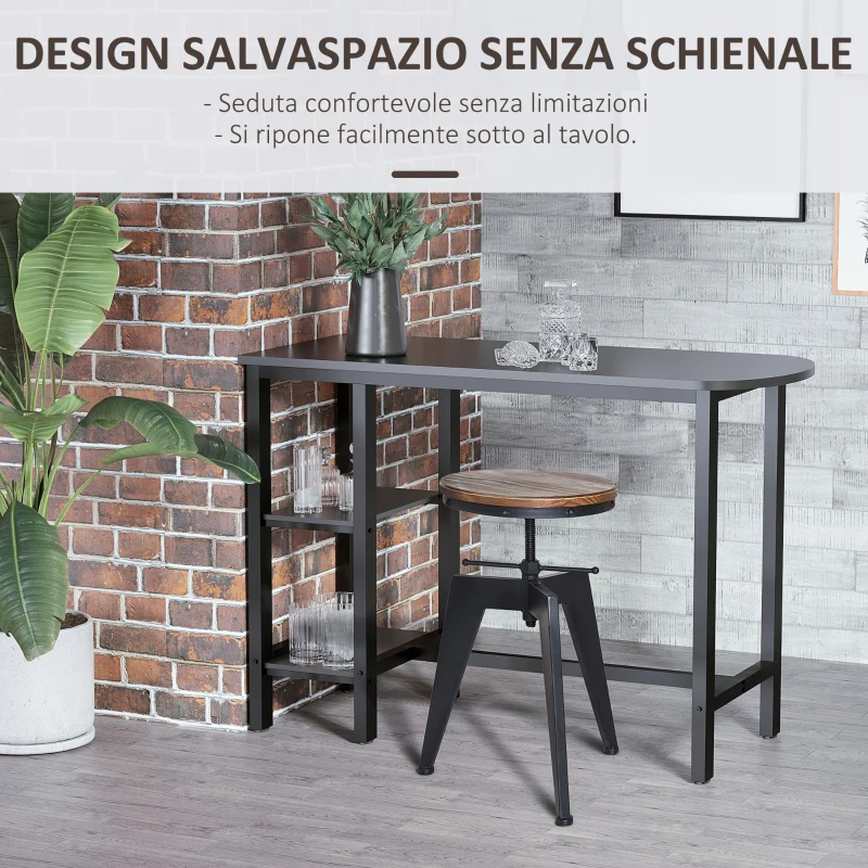 HOMCOM Sgabello da Bar Alto in Stile Industriale Regolabile in Altezza, Metallo e Legno, 39x41x49-64cm Marrone e Nero