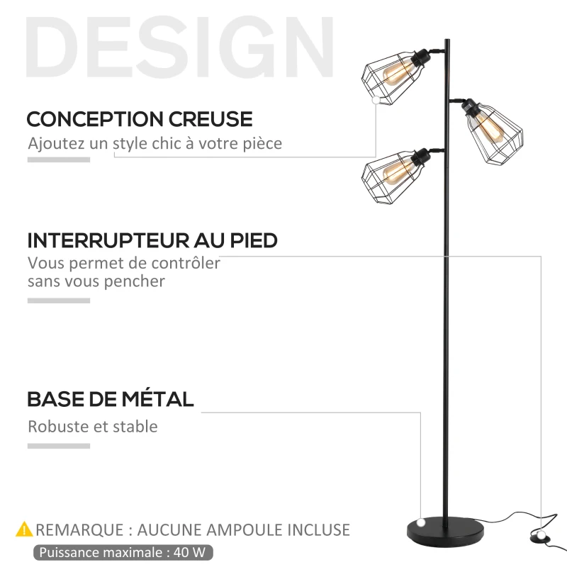 HOMCOM Lampadaire design industriel 3 ampoules max. 40 W abat-jour cage métal noir