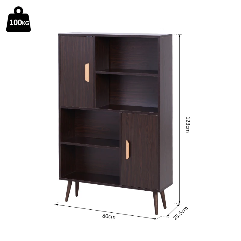 HOMCOM Sideboard Bookshelf Free Standing Bookcase Shelves Unit Display Storage Cabinet w/ Adjustable Shelves, Wooden Leg, Two Doors, Walnut