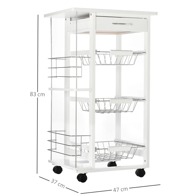 HOMCOM Chariot de service desserte de cuisine à roulettes multi-rangements 3 paniers métal tiroir + 2 range-bouteilles bois pin blanc