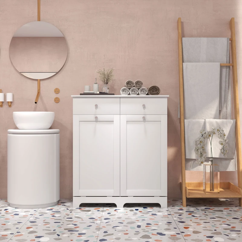 HOMCOM Armoire de salle de bain, meuble de rangement, avec paniers à linge pliables 2 tiroirs, 78L x 40l x 90,5H cm, blanc