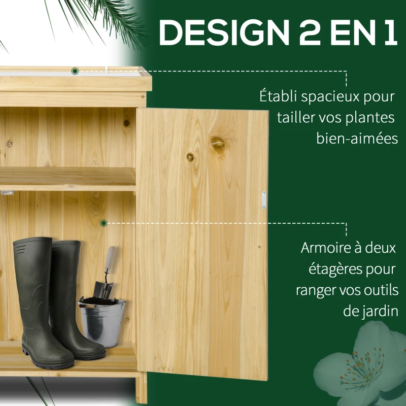 Outsunny Armoire de jardin armoire de rangement de jardin plateau en métal galvanisé en bois massif 80 x 45 x 92 cm bois naturel
