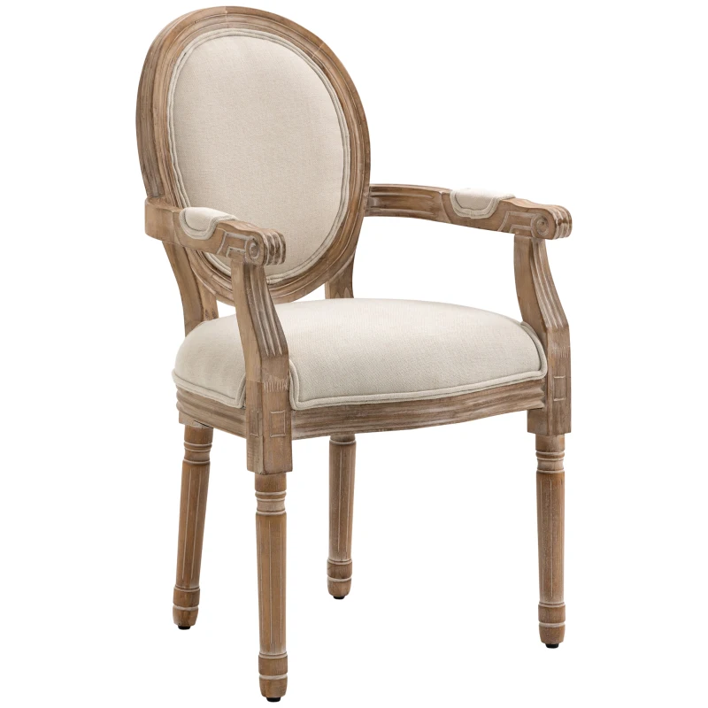 HOMCOM Chaise de Salle à Manger Chaise de Salon médaillon Style Louis XVI Bois Massif patiné sculpté Tissu Lin Crème