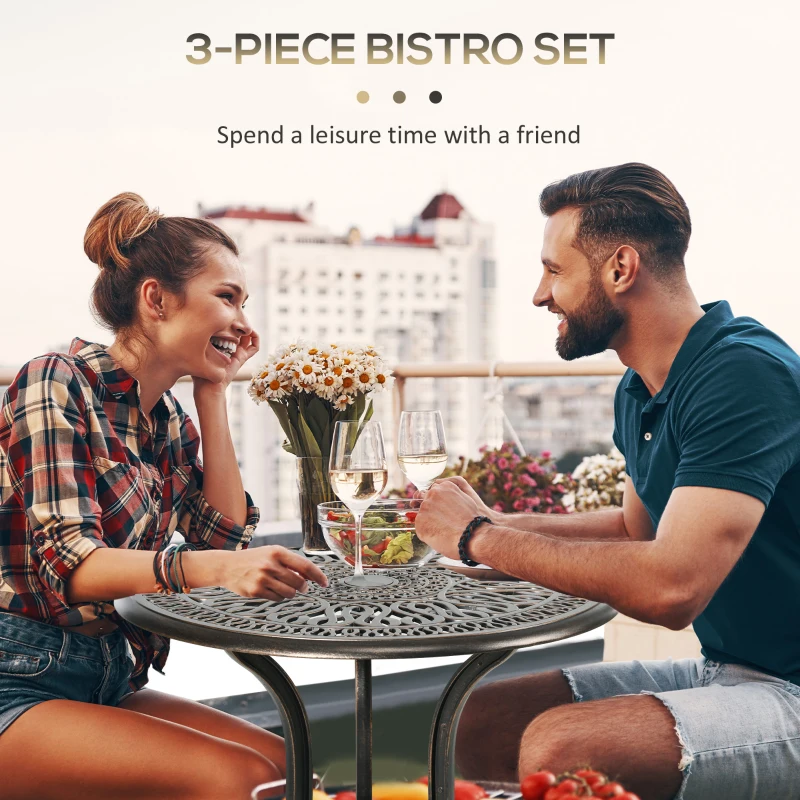 Outsunny 3 Piece Garden Bistro Set Aluminium Outdoor Furniture Set for 2 Patio Chairs and Table with Umbrella Hole Bronze Tone