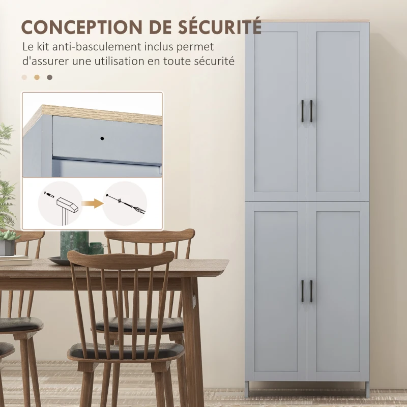 HOMCOM Armoire de cuisine hauteur 170 cm buffet haut avec 4 portes et étagères ajustable, design moderne, gris