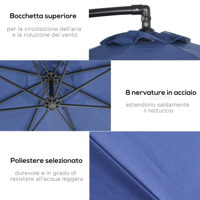 Outsunny Ombrellone Decentrato a 8 Stecche con Base a Croce, in Acciaio e Poliestere, Ø295x260 cm, Blu Scuro