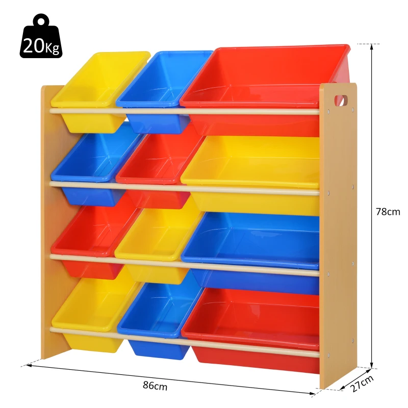 HOMCOM Étagère pour jouets enfants meuble de rangement 12 casiers plastique amovibles inclus cadre MDF coloris bois de hêtre