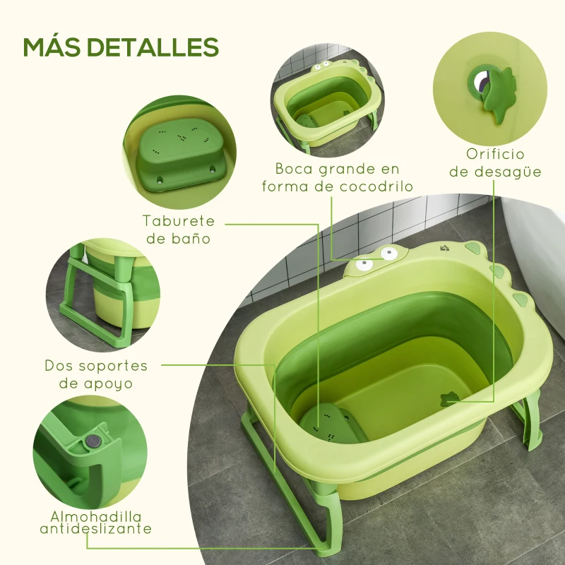 HOMCOM Bañera Plegable para Bebé Bañera Portátil para Niños con Patas Antideslizantes 75,3x55,4x43 cm Verde
