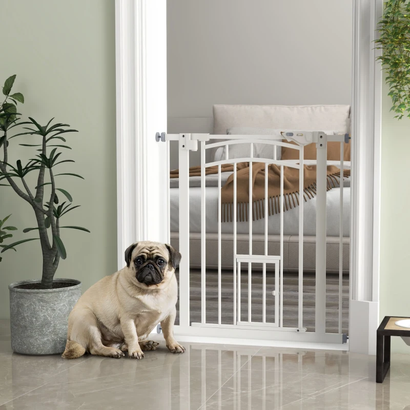 PawHut Pressure Fit Stair Gate, Dog Gate w/ Small Cat Door, Auto Closing System, Double Locking Openings, 74-80cm - White