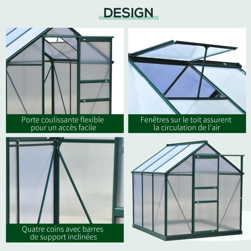 Outsunny Serre de jardin polycarbonate 190 x 192 x 201 cm résistant aux UV 30+ fondation renforcé gouttière vert foncé