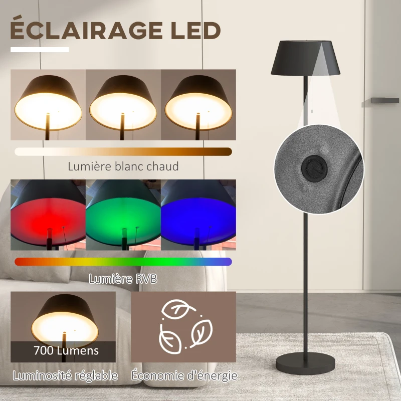 Outsunny Lampadaire extérieur LED solaire sans fil avec batterie rechargeable par USB, luminosité réglable - aluminium noir