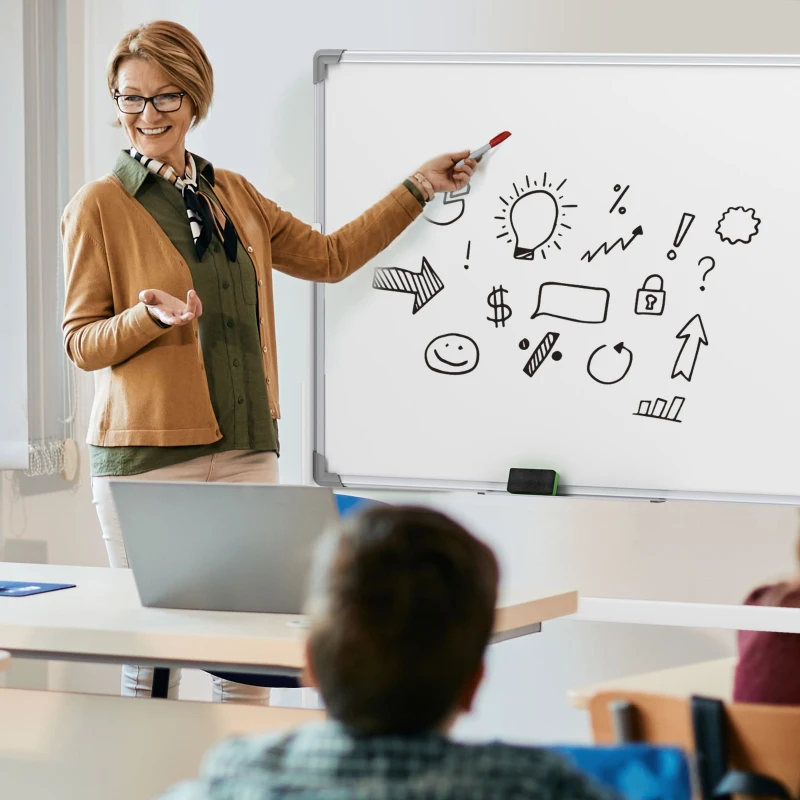 HOMCOM Tableau blanc magnétique double face effacable rotatif mobile avec support, aimants, marqueurs, gomme et roulettes