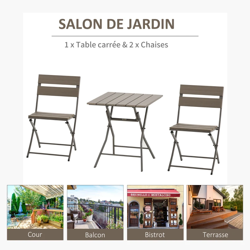 Outsunny Ensemble Bistro de Jardin 3 pièces Pliables Design Contemporain Table carrée et 2 chaises à Lattes métal époxy PE Aspect Bois