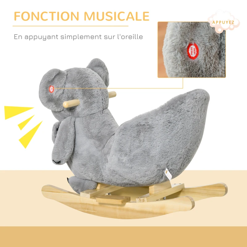 HOMCOM Jouet à Bascule Koala avec marionnette - Effet sonore Rugissement - Fauteuil intégré, Ceinture de sécurité - pour 18-36 mois - Bois peuplier Peluche Courte Polyester Gris