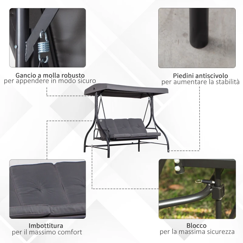 Outsunny Outusunny Dondolo Letto da Giardino 3 Posti con Tettuccio Regolabile, Metallo e Poliestere, Grigio