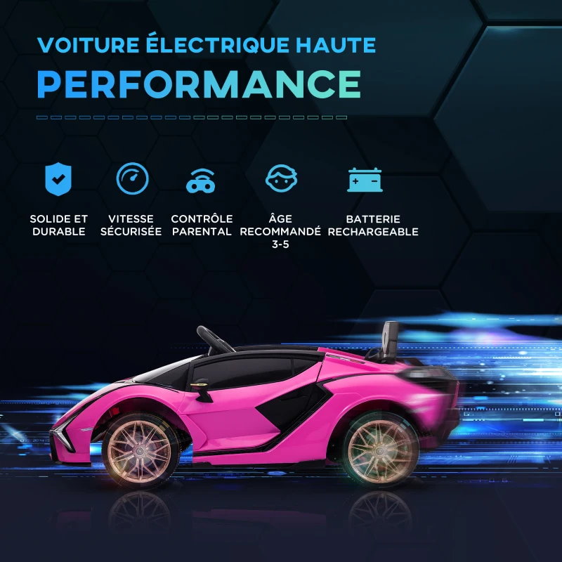 HOMCOM Voiture électrique Enfants de Sport Supercar sous Licence Lamborghini Sian 12 V - V. Max. 5 Km/h avec Télécommande 2,4G Effets sonores + Lumineux rose(m-4)