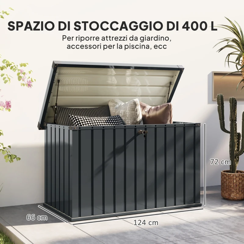 Outsunny Baule da Esterno da 400L in Acciaio Zincato con Serratura e 2 Chiavi 124x66x72 cm, Grigio Scuro