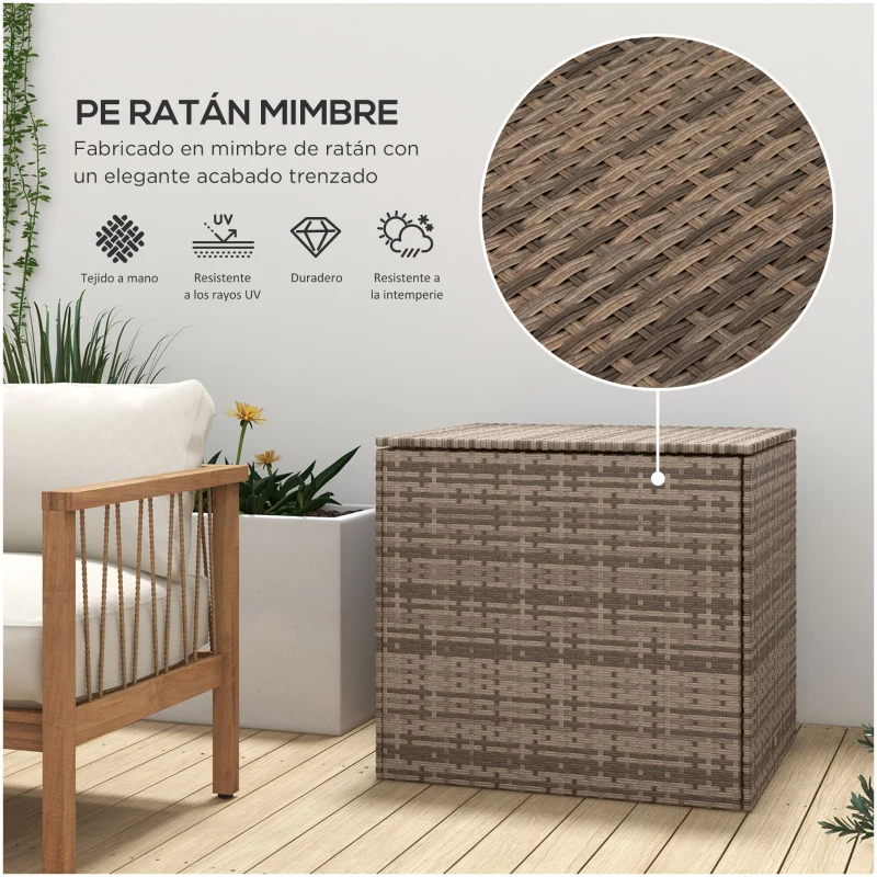 Outsunny Baúl de Exterior de Ratán Sintético Arcón de Almacenaje para Jardín con Varilla Hidráulica Carga 50 kg 75x75x70 cm Caqui