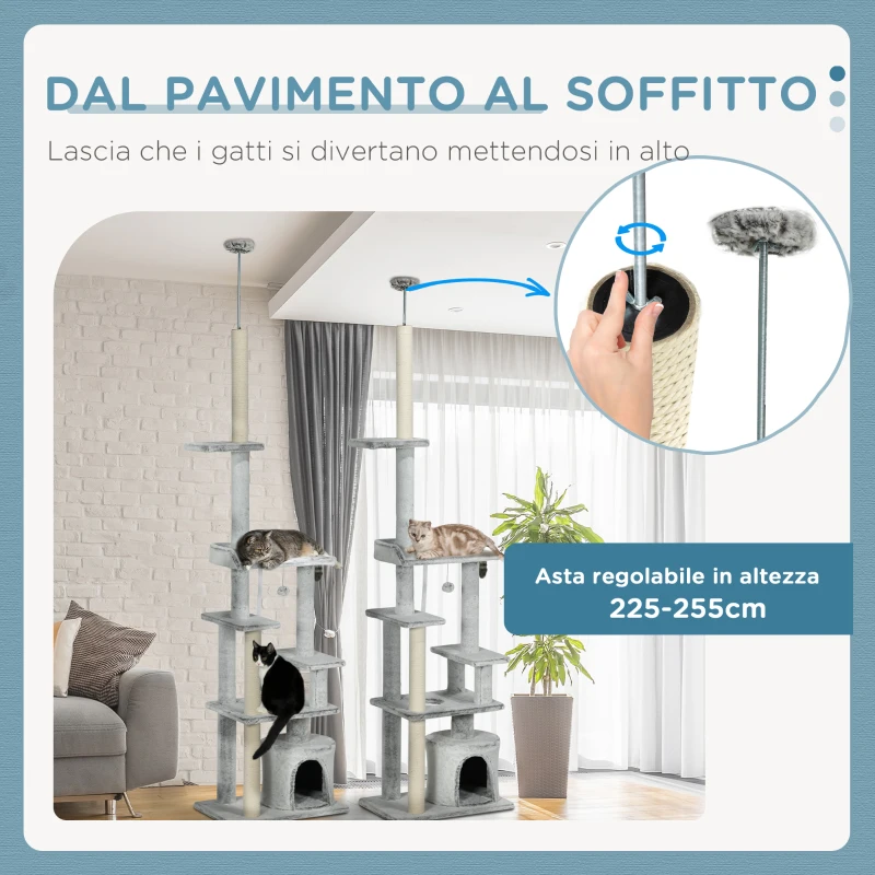 PawHut Albero Tiragraffi per Gatti a Soffitto con Piattaforme e Casetta, 60x40x225-255cm, Grigio