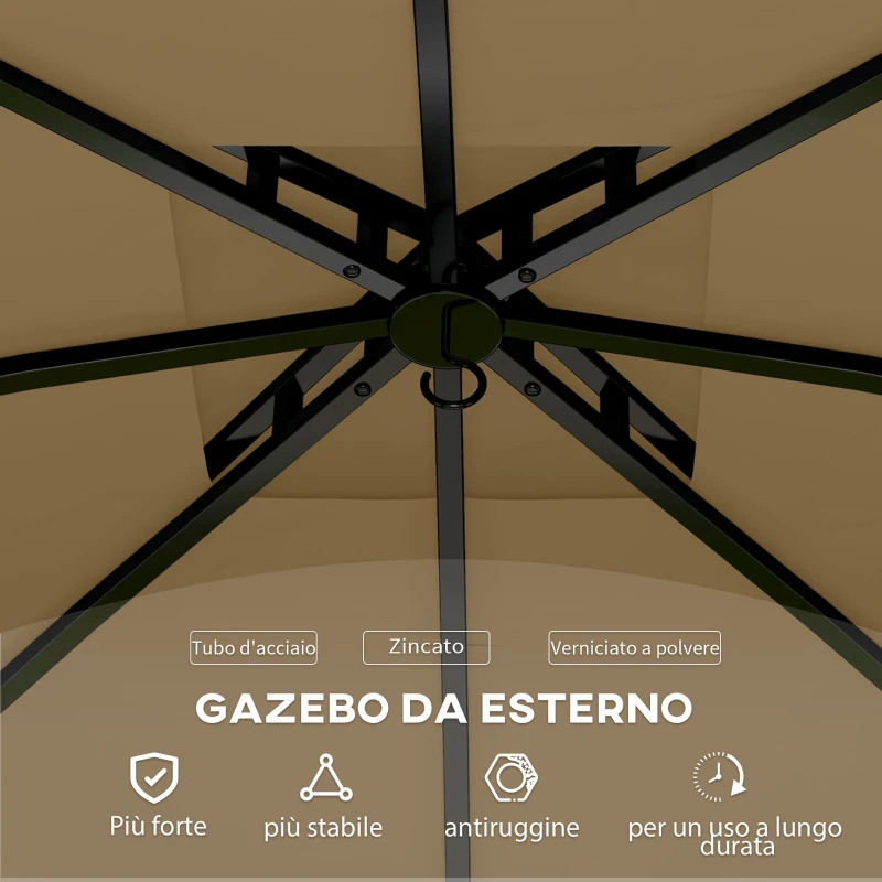 Outsunny Gazebo da Giardino 3.4x3.4m con Pareti, Protezione UV e Tetto a 2 Livelli, Beige