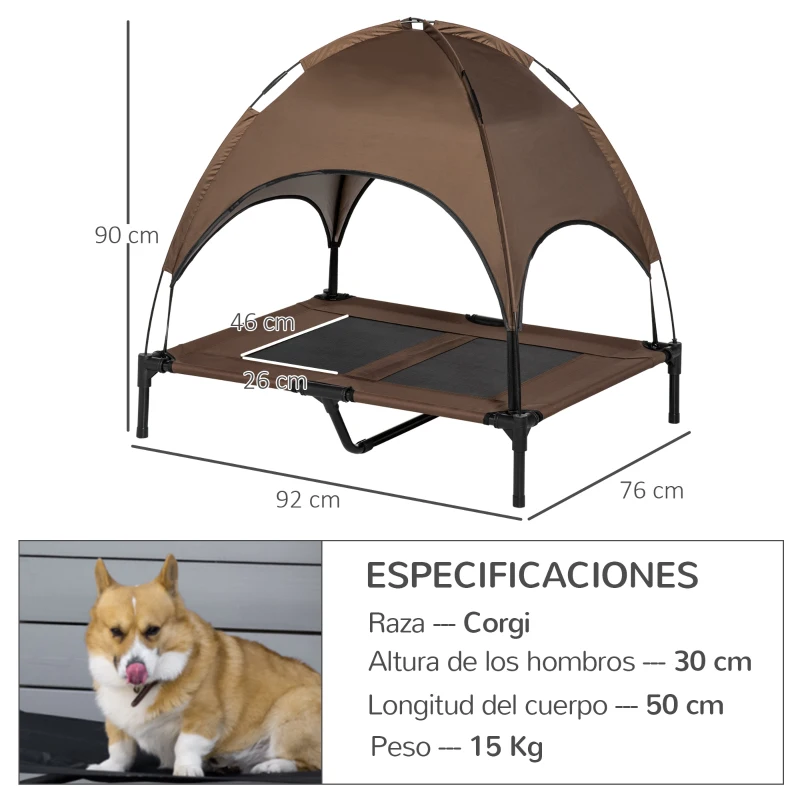 PawHut Cama Elevada para Mascotas con Toldo Extraíble Tela Transpirable para Interior y Exterior 92x76x90 cm Marrón