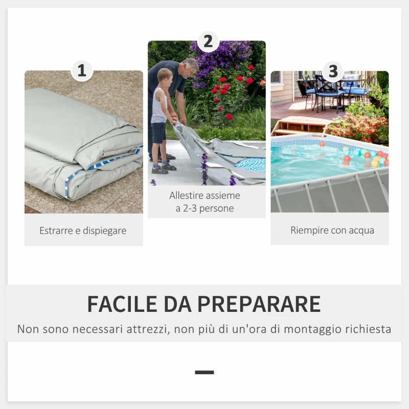 Outsunny Piscina Fuori Terra in Acciaio e PVC Rinforzato con Filtro, 580x310x122cm, Grigio Chiaro