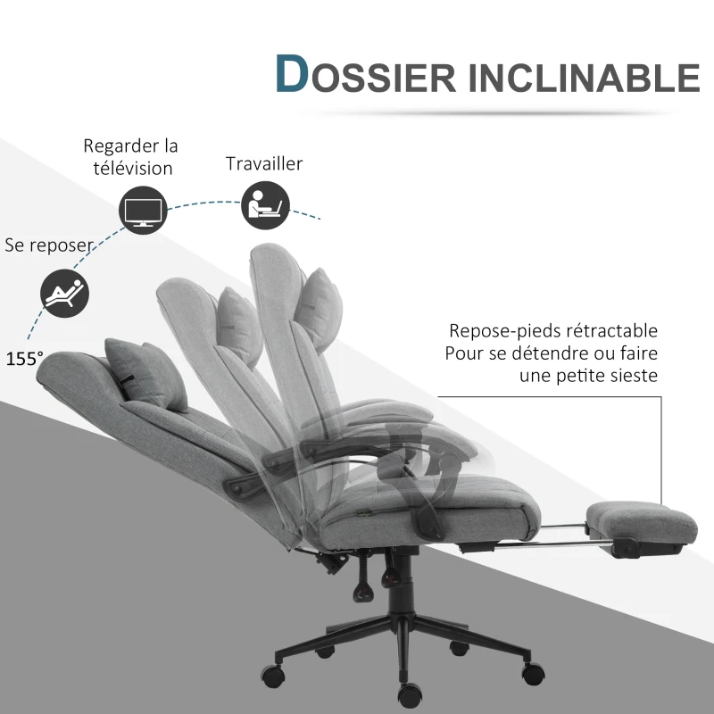 Vinsetto Fauteuil de bureau chaise de travail dossier hauteur réglable pivotant 360° repose-pied appui-tête lin rembourrage mousse 66l x 76P x 112-120H cm gris clair noir