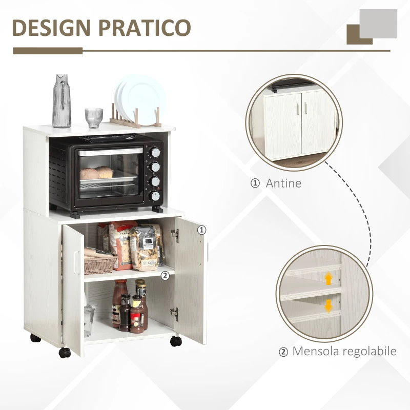 HOMCOM Mobile Cucina Multiuso con Ruote, Armadietto e Ripiano per Microonde, Credenza Alta in Legno Truciolare, 60.4x40.3x97cm Bianco