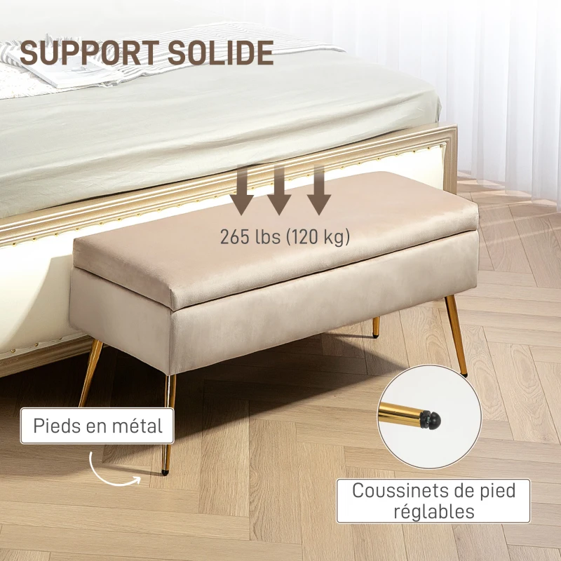 HOMCOM Banc coffre de rangement 2 en 1 banquette en velours avec couvercle à charnière et pieds en métal, jaune