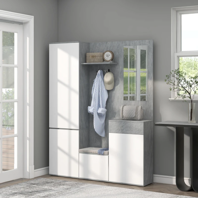 HOMCOM Mobile da Ingresso 4 in 1 con Specchio, Ganci e Ripiani Interni, in Legno, 145x29x184 cm, Grigio e Bianco