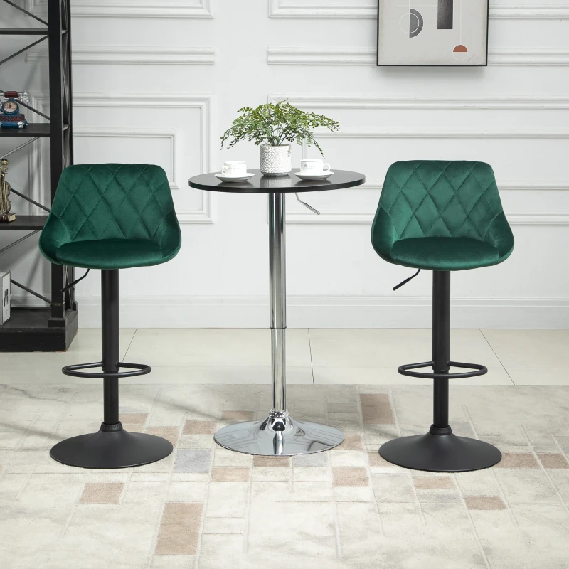HOMCOM Set 2 Sgabelli da Bar, Altezza Regolabile con Base in Metallo e Seduta in Velluto, Sgabelli Moderni con Schienale e Poggiapiedi, 46x48x83-104 cm, Verde
