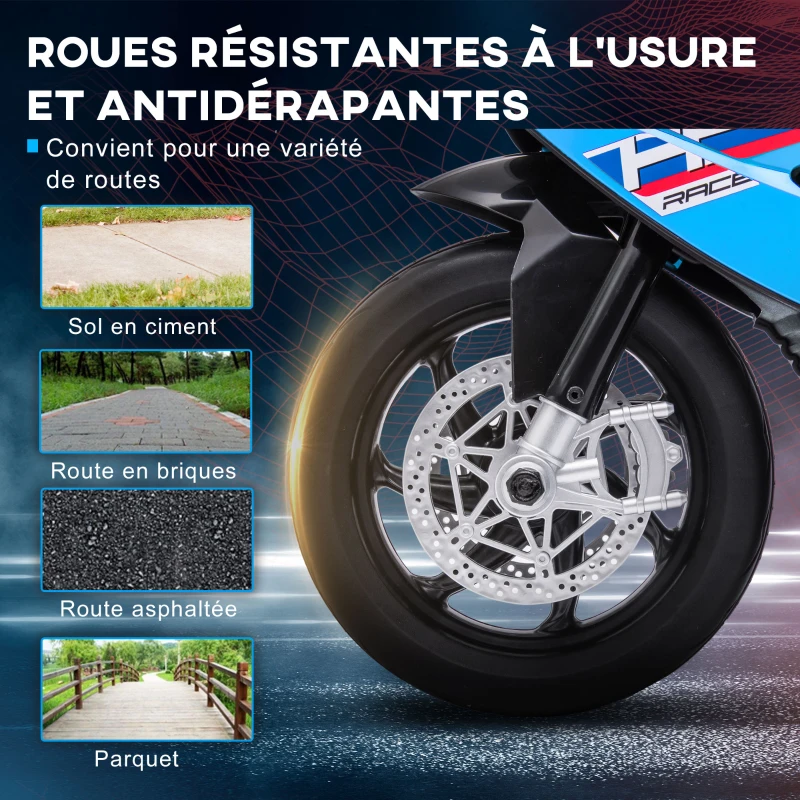 HOMCOM Moto électrique pour enfants 3 roues 6 V 2,5 Km/h musique interface USB  82,5 x 42 x 54 cm bleu