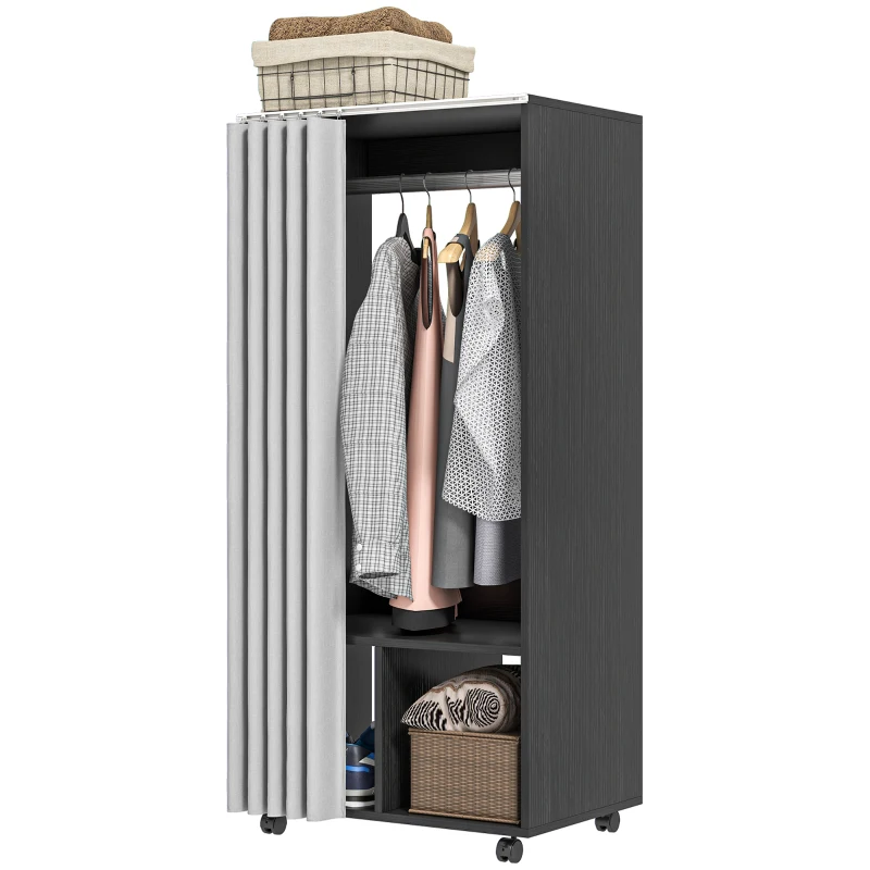 HOMCOM Armoire penderie Armoire de Rangement Mobile avec rideau, Panneaux de Particules, tringle de suspension, noir(m-10)