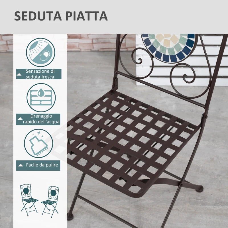 Outsunny Mobili da Giardino Set 3 Pezzi con 2 Sedie Pieghevoli e 1 Tavolino Rotondo, in Metallo e Ceramica