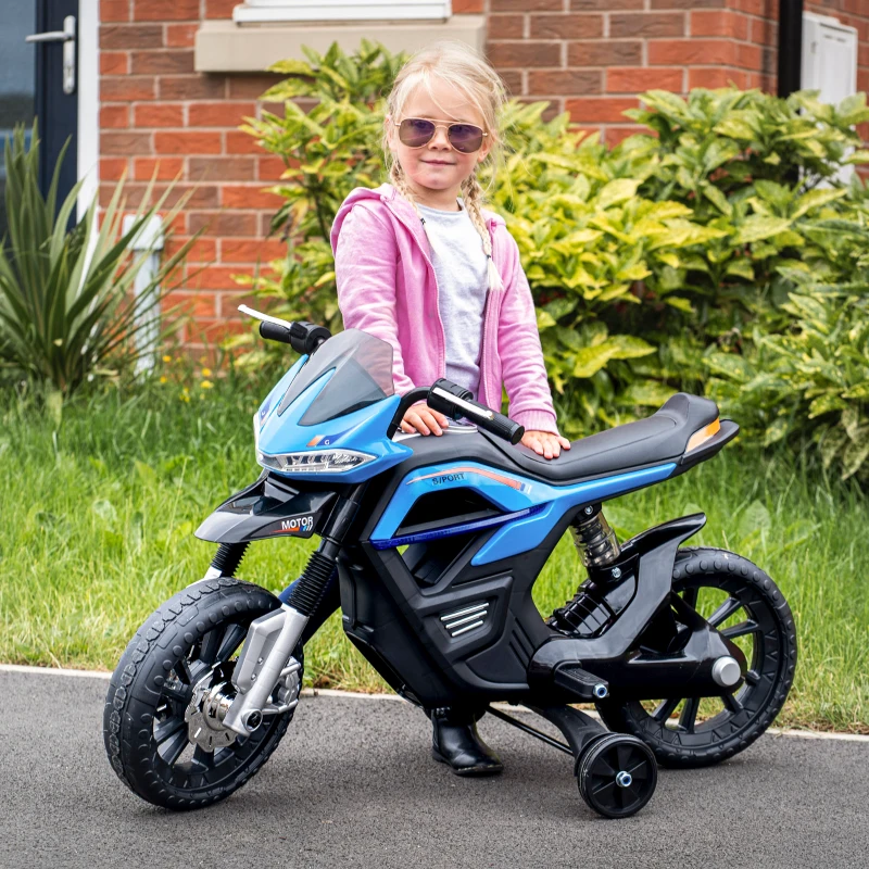 HOMCOM Moto Eléctrica Infantil Moto de Juguete Niños +3 Años Batería 6V con Luces y Música 105x52,3x62,3cm Azul
